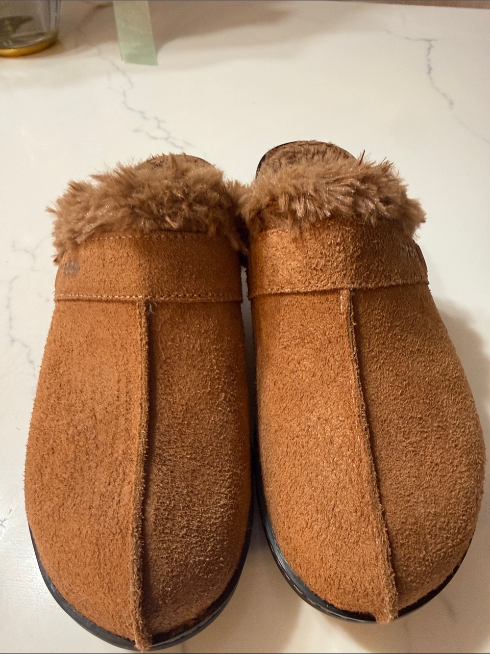 CROCS women Faux-Suede Slip-On Slippers in Brown with Faux-Fur Trim